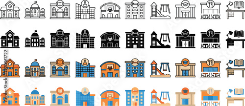 Education School Building Icons Set for Learning and Academic Facilities