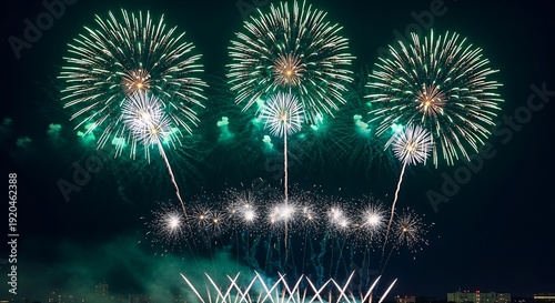 Spectacular Green Fireworks Display Illuminating the Night Sky.