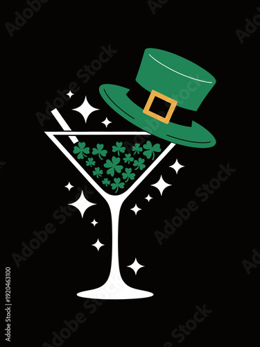 A martini glass filled with clovers is topped with a green leprechaun hat, surrounded by sparkles. It embodies a festive St. Patrick's Day theme.