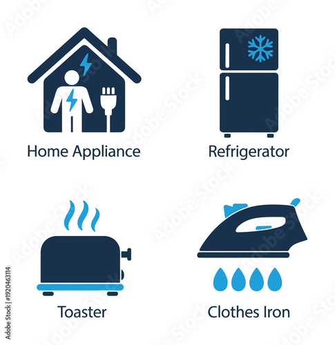 Vector graphic showing four common household appliances icons in blue