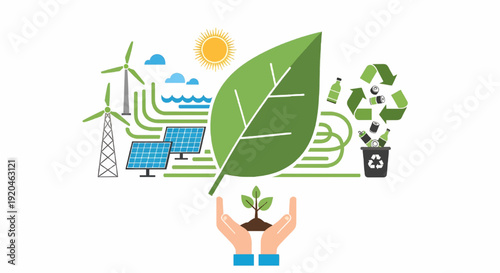 Eco sustainability concept illustration, green energy, recycling, nature care, flat vector style, minimal shapes, clean design, scalable editable vector, white background