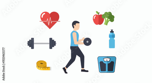 Health and fitness concept illustration, workout, heart rate, nutrition, flat vector style, simple characters, no facial details, editable scalable vector, white background