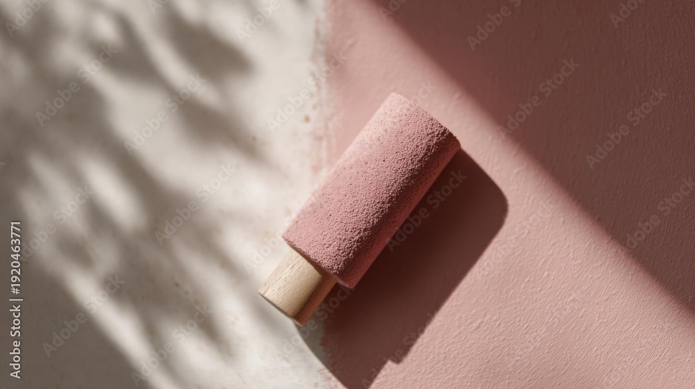 Obraz premium Pink paint roller lying on a pink wall. the roller is cylindrical in shape and has a wooden handle on one end. the paint roller is resting on the wall, casting a shadow on the left side of the image.