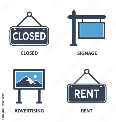 Set of four vector icons representing business signage and advertising boards