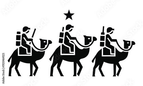 Three wise men riding camels in a line with a star above them in black silhouette