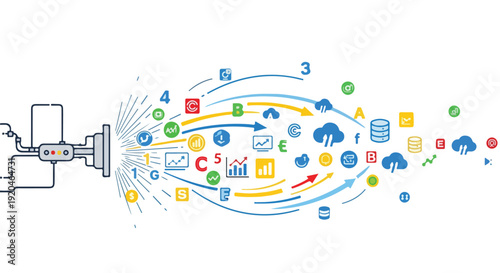 Conceptual image showing data processing, information flow, and business intelligence, featuring various digital icons and cloud services.