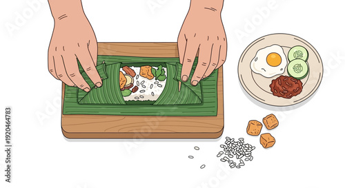 vector illustration of preparing indonesia local food Nasi Timbel