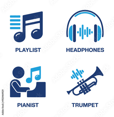 Vector icons representing musical concepts with a playlist and headphones