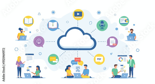Digital cloud computing concept with people connecting to data and information via laptops and devices