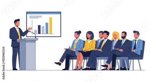 Businessman presenting data to attentive audience in modern office setting