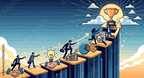 Business professionals climbing to success with growth and achievement