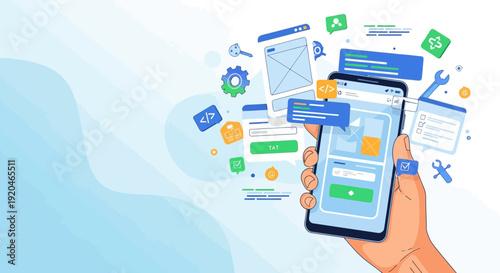 Hand holding smartphone with floating app icons and coding symbols