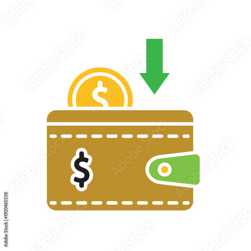 Save money icon. Financial. Wallet with dollar coins and a down arrow or save sign. Economic, business, accounting. flat design style.