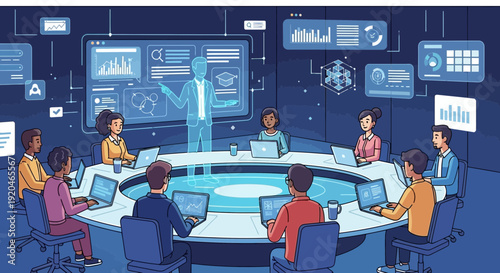 Diverse team collaborating in modern conference room with digital screens