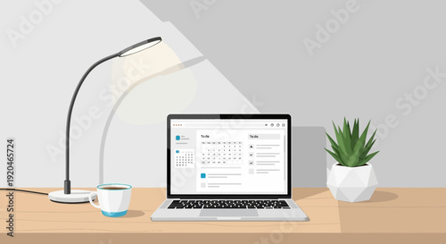 Modern workspace with laptop and coffee on wooden desk