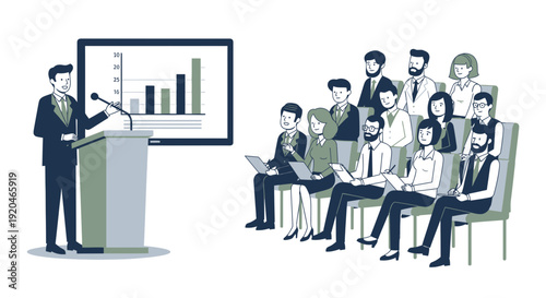 Businessman presenting data to attentive audience in modern conference setting