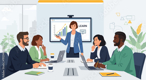 Diverse team engaging in modern office presentation with data analysis