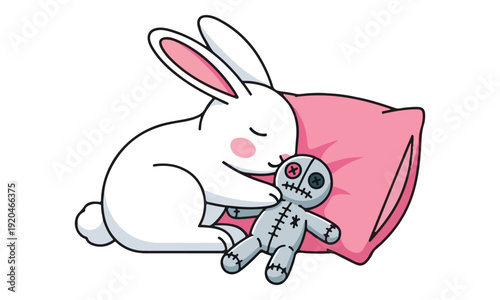 Cute White Rabbit Sleeping Peacefully with Voodoo Doll