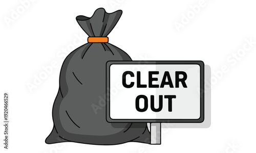 "Clear Out" Sign and Black Garbage Bag Illustration