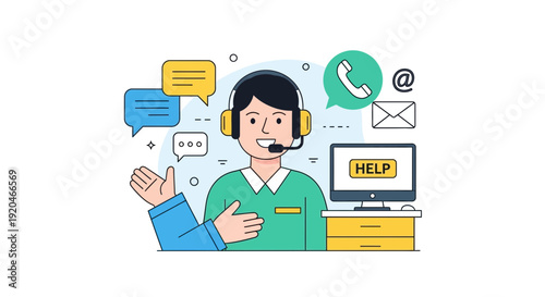 Friendly customer support agent offering assistance with headset