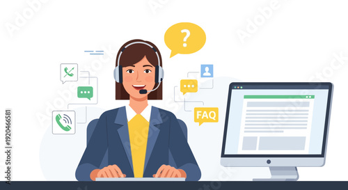 Customer support agent wearing headset working at computer