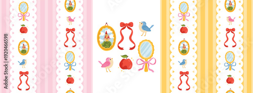 Fairytale Snow White vector collection with seamless patterns and magic clipart, castle mirror apple and birds on striped background, cute cartoon hand-drawn coquette style for kids design.