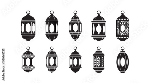 Set of traditional Arabic and Islamic lanterns silhouettes for holidays, including Ramadan and Eid celebrations, perfect for graphic design elements and decorations.