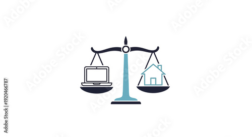 Balance scale with laptop and house.