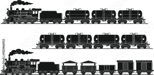 Vintage steam locomotive with tanker and cargo wagons silhouette set, classic railway transport vector illustration isolated on white background
