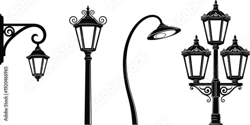 Vintage street lamp set, classic lantern light poles and wall mounted lamps, retro outdoor lighting vector illustration isolated on white background