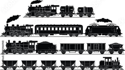 Vintage train silhouette collection, steam locomotive and freight wagon vector set, classic railway transport illustration isolated on white background