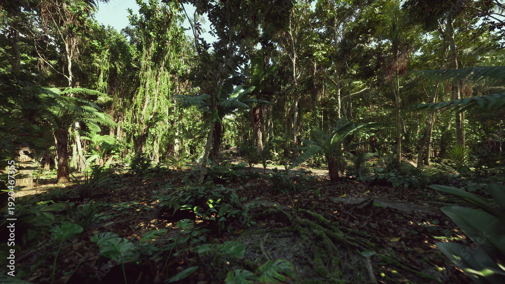 Fototapeta premium sunlit rainforest fern understory with mossy logs and dappled sunlight, botanist survey atmosphere showcasing dense canopy, layered fronds, humid air, textured