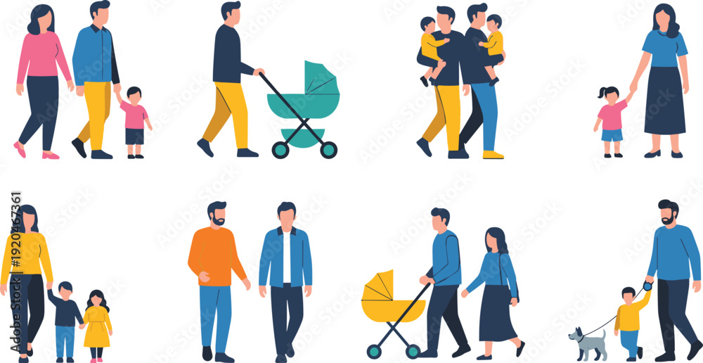 Fototapeta premium Family activity vector illustration, diverse parents and children in everyday life scenes including walking, strollers, pets, and bonding moments - flat vector illustration