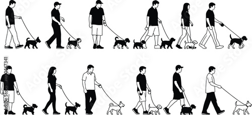 Dog walking silhouette vector illustration, diverse people with pets on leashes in various poses and styles - flat vector illustration