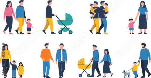 Family activity vector illustration, diverse parents and children in everyday life scenes including walking, strollers, pets, and bonding moments - flat vector illustration