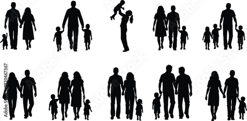 Family diversity silhouette vector illustration, inclusive groupings of parents, children, and couples representing modern family structures - flat vector illustration