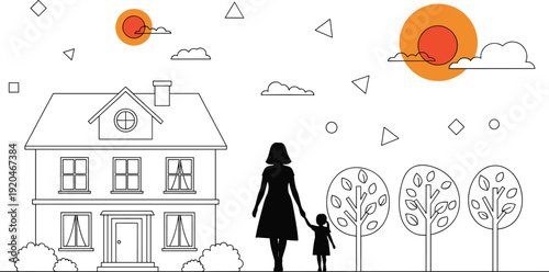 Family home vector illustration, house with trees, clouds, and adult holding child symbolizing care, nature, and domestic life - flat vector illustration