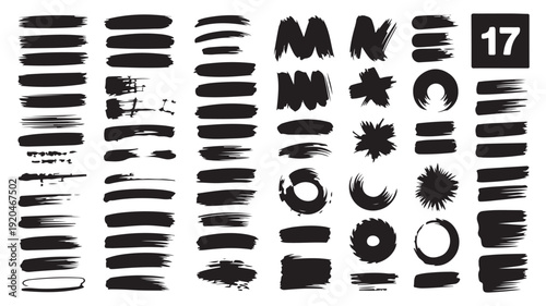 Grungy Brush Strokes and Shapes in Black Ink on White Background with Distressed Texture for Graphic Design