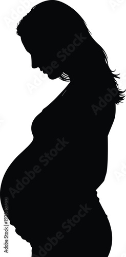 Pregnant woman silhouette vector illustration, profile view with long hair and baby bump representing maternal health and motherhood - flat vector illustration