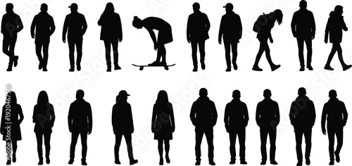 People silhouette vector illustration, diverse figures in casual attire including walking, standing, and skateboard poses - flat vector illustration