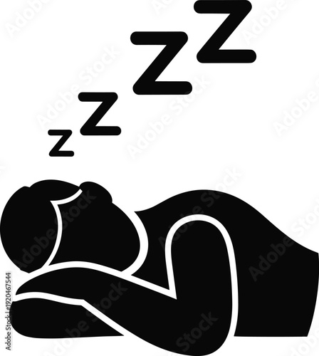 Sleeping person silhouette vector illustration, side-lying position with sleep symbols representing rest, bedtime, and relaxation - flat vector illustration