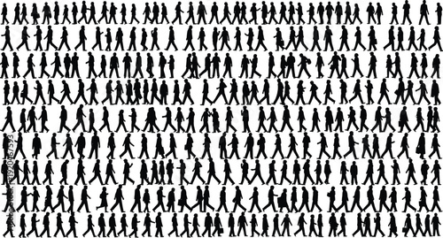 Walking people silhouette vector illustration, diverse figures in motion with varied clothing and accessories - flat vector illustration