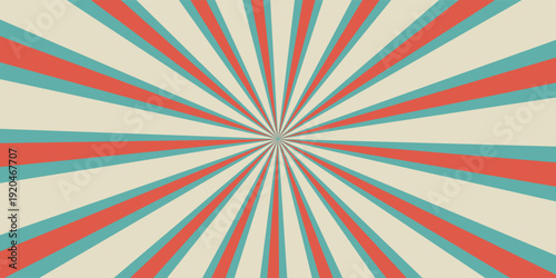 Sunlight retro narrow vertical background. Pale red, blue, beige color burst background. Fantasy Vector illustration. Magic Sun beam ray pattern background. Old paper starburst. Circus style