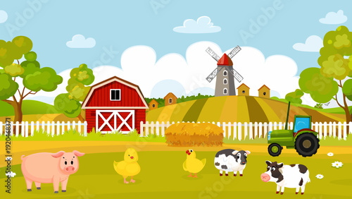 A charming countryside farm scene with animals barn and windmill