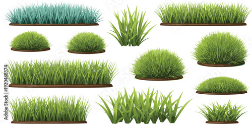 Realistic Grass and Bush Tufts Set with Green Lawn, Meadow Plants, and Garden Foliage for Landscape Design, Game Assets, and Nature Background Elements.