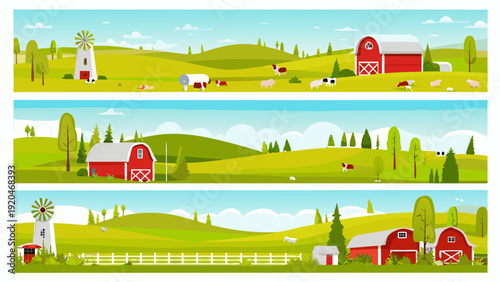 Rolling hills farms and livestock in a colorful countryside scene