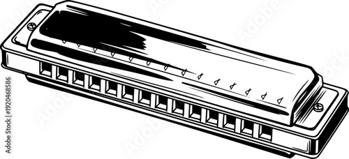 Harmonica sketched illustration with sumi-e details for musical
