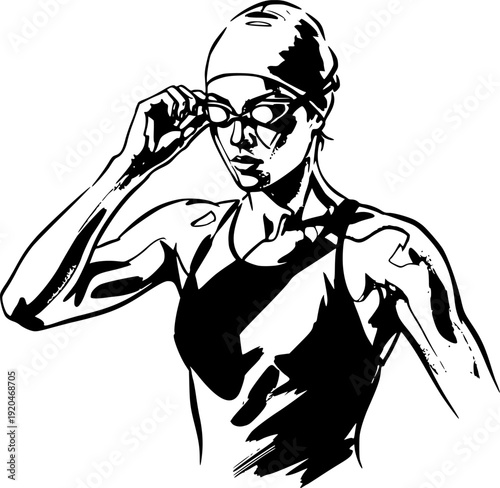Sumi-e style monochrome swimmer illustration adjusting her swim

