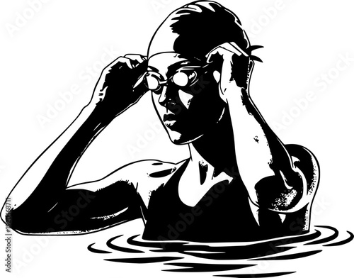 Sumi-e style monochrome swimmer illustration adjusting her swim
