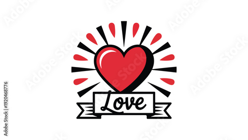 red heart love illustration with ribbon banner and decorative rays romantic valentine symbol for greeting card wedding design flat vector